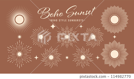 Vintage sunburst, sunset beams collection. Boho style, modern minimalist bohemian design. Hand drawn bursting sun, light rays. Logotype or lettering design element in retro style. Vector illustration 114982770