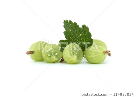 Fresh green gooseberries with leaf on a white background, whole and sliced 114983034