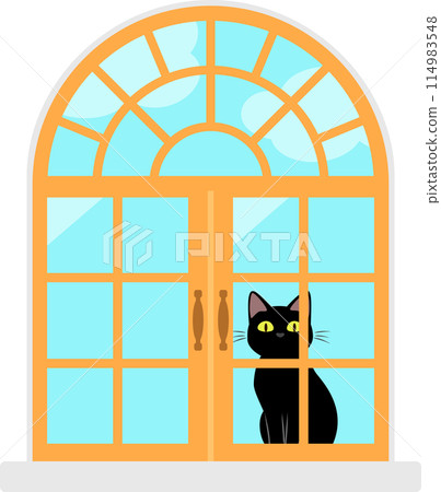 A black cat is sitting on a wooden window sill 114983548