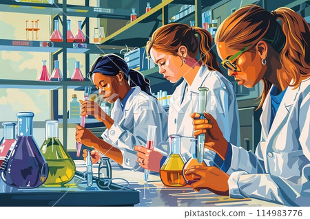 female students conducting a chemistry experiment, with colorful beakers. 114983776