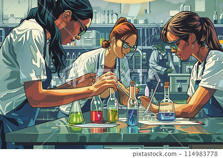 female students conducting a chemistry experiment, with colorful beakers. 114983778