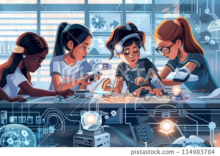 Group of girls in a STEM class working on a robotics project, assembling parts and programming, with vector elements showcasing gears and circuits. 114983784