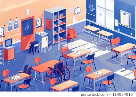 a classroom equipped with accessible desks, ramps. 114984010