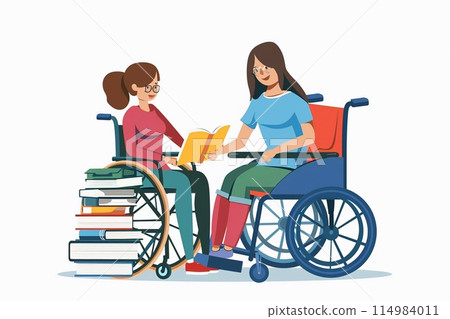 a teacher assisting a student in a wheelchair. 114984011