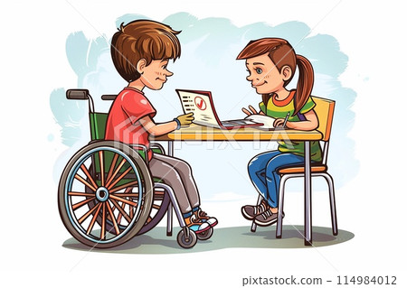 a teacher assisting a student in a wheelchair. a teacher assisting a student in a wheelchair. 114984012