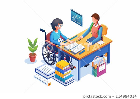 a teacher assisting a student in a wheelchair. a teacher assisting a student in a wheelchair. 114984014
