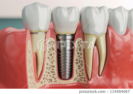 The concept of dental implants. A 3D rendering showing a dental implant placed between teeth The concept of dental implants. A 3D rendering showing a dental implant placed between teeth 114984067