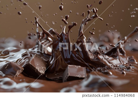 Splashes of chocolate. Chocolate bar is poured into melted chocolate pile Splashes of chocolate. Chocolate bar is poured into melted chocolate pile 114984068