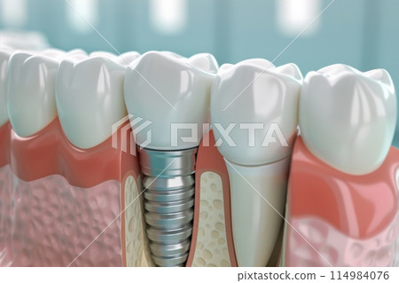 The concept of dental implants. A 3D rendering showing a dental implant placed between teeth The concept of dental implants. A 3D rendering showing a dental implant placed between teeth 114984076