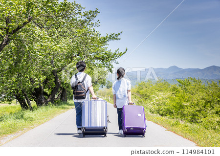 Children walking with suitcases - trip Children walking with suitcases - trip 114984101