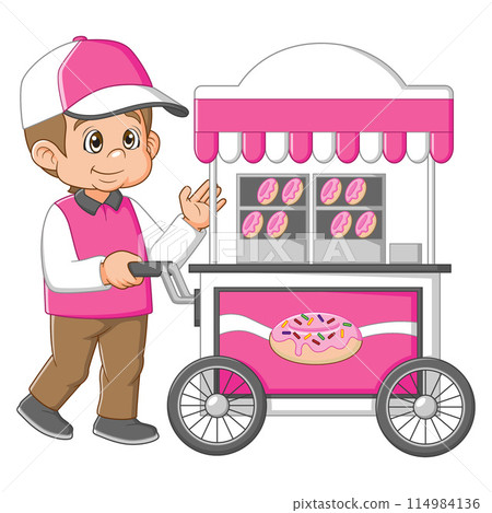 Young caucasian seller standing with donut cart of illustration 114984136