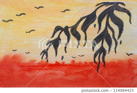 Watercolor plam tree landscape digital art Watercolor plam tree landscape digital art 114984425