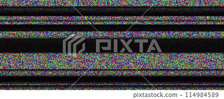 TV static noise background. Glitched white noise texture. Colored VHS video signal with black stripes, interferences or glitches. Pixelated television screen backdrop grain for poster, banner. Vector 114984589