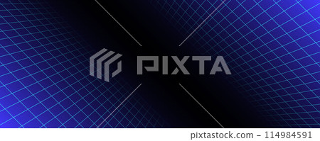 Blue glowing neon wireframe background. Shining checkered diagonal grid planes in perspective. Retro futuristic depth wallpaper. Arcade game sci fi matrix surface backdrop for poster, banner. Vector 114984591