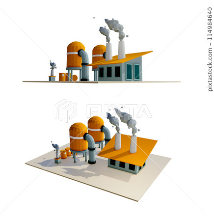 Factory low poly pixel building with huge pipes and pollution factory smoke gas., Concept of industrial working plant with chimney pipe tower., 3D Render concept factory., Air pollution Factory low poly pixel building with huge pipes and pollution factory smoke gas., Concept of industrial working plant with chimney pipe tower., 3D Render concept factory., Air pollution 114984640