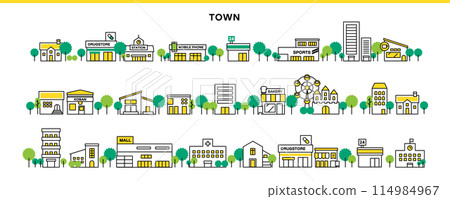 車站、便利商店、藥局、高層公寓等城市景觀的圖示和插圖。 114984967