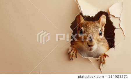 Cute squirrel peeks through the hole in the paper wall. 114985271