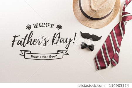 Happy Fathers Day background concept with hat, gift box, necktie and mustache on white background. 114985324