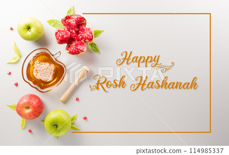 Rosh hashanah (jewish New Year holiday), Concept of traditional or religion symbols on white background. 114985337