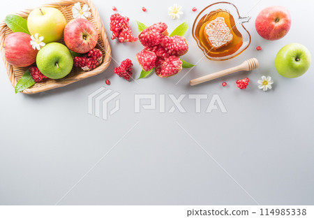 Rosh hashanah (Jewish New Year holiday), Concept of traditional or religion symbols on white background. 114985338