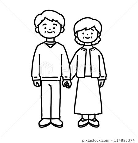 Man and woman holding hands, senior couple, line drawing Man and woman holding hands, senior couple, line drawing 114985374