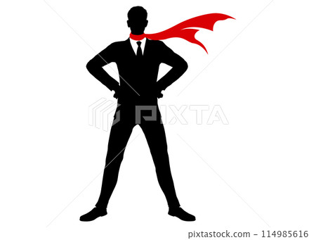 Silhouette of a businessman in a hero pose with his hands on his hips and a red scarf on. Full body illustration 114985616