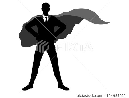 Silhouette of a businessman in a hero pose wearing a suit, tie and cloak Full body front view illustration 114985621