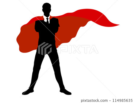 Silhouette of a businessman in a suit wearing a red cape and with his arms folded. Full-body illustration from the front Silhouette of a businessman in a suit wearing a red cape and with his arms folded. Full-body illustration from the front 114985635