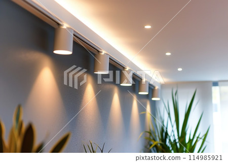 Lighting equipment on the wall in the living room. Spotlights under the ceiling. Track LED-lighting system Lighting equipment on the wall in the living room. Spotlights under the ceiling. Track LED-lighting system 114985921