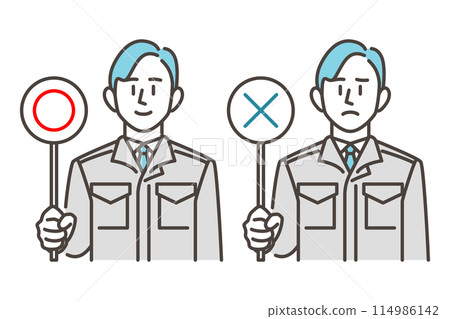 A male worker in work clothes holding a circle with a cross [Vector illustration material] 114986142