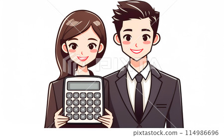 Businesswoman and businessman holding a calculator 114986696