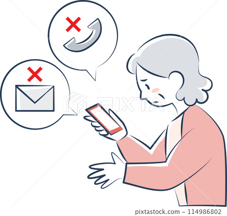 The upper body of a senior woman having trouble using her smartphone The upper body of a senior woman having trouble using her smartphone 114986802