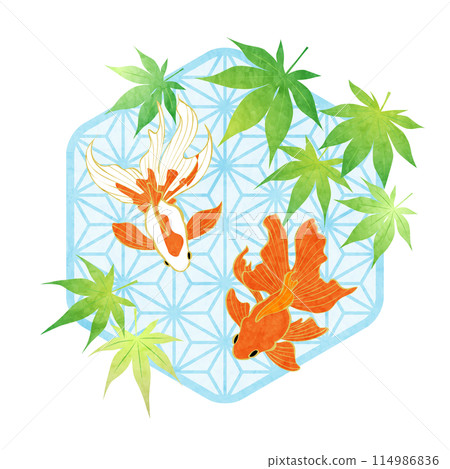 金魚，麻葉圖案，秋葉，夏日問候，圖標，插畫，可愛，藍色 114986836