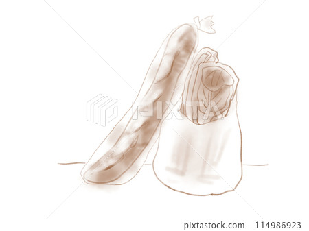 裝有法國麵包和蔬菜的袋子的插圖 114986923
