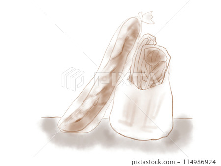 Illustration of a bag with baguettes and vegetables 114986924