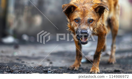 angry aggressive dog on the city street dangerous and may be infected. Rabies concept 114986972