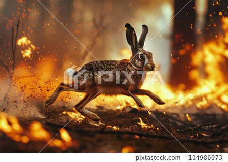 hare running escaping to save his life from wildfire, burning forest on the background 114986973