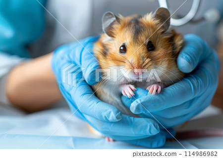 veterinarian examining cute hamster at pet clinic 114986982
