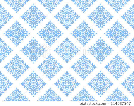 Wallpaper in the style of Baroque. Seamless vector background. White and blue floral ornament. Graphic pattern for fabric, wallpaper, packaging. Ornate Damask flower ornament 114987547