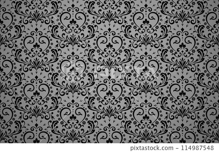 Floral pattern. Vintage wallpaper in the Baroque style. Seamless vector background. Gray and black ornament for fabric, wallpaper, packaging. Ornate Damask flower ornament 114987548