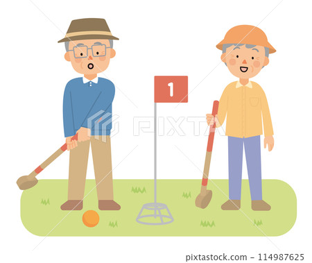 Men and women playing ground golf Men and women playing ground golf 114987625