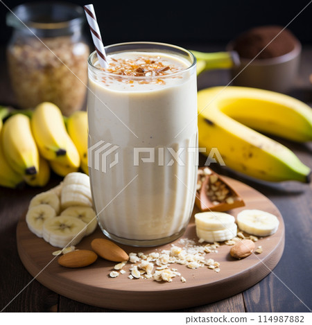 Banana Milkshake Decorated with Fruits and Nuts Portions Around on Dark Wooden Table. 114987882