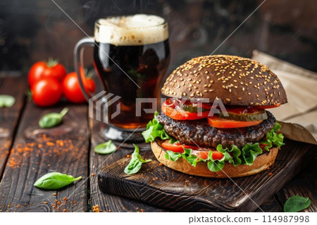 Hamburger and beer on table classic staple food pairing 114987998