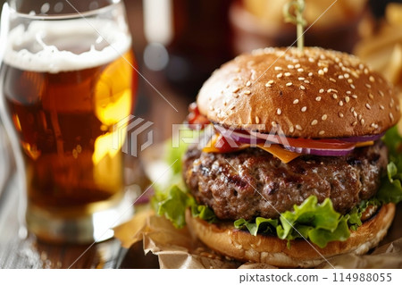 Hamburger and beer on table classic staple food pairing 114988055