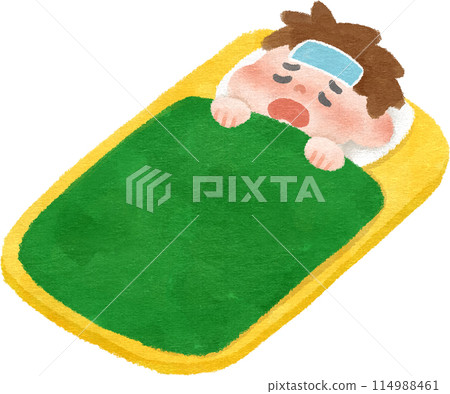 睡在蒲團上的不適男孩手繪插畫素材 114988461