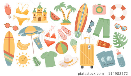 Set of cute summer icons, stickers. Collection of scrapbooking elements for beach party. Tropical vacation. Vector 114988572