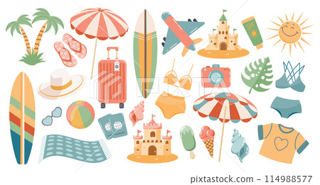 Set of cute summer icons, stickers. Collection of scrapbooking elements for beach party. Tropical vacation. Vector 114988577