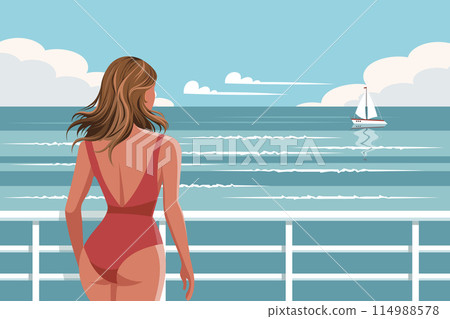 Seascape. A young woman in a swimsuit looks at the sea with a yacht. Vacation concept. Illustration. Vector Seascape. A young woman in a swimsuit looks at the sea with a yacht. Vacation concept. Illustration. Vector 114988578