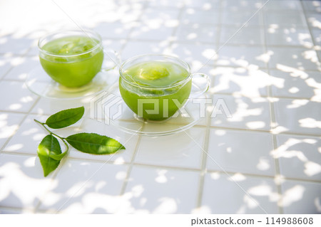 Green tea, cold tea, tea leaves, green tea in the shade of a tree Green tea, cold tea, tea leaves, green tea in the shade of a tree 114988608