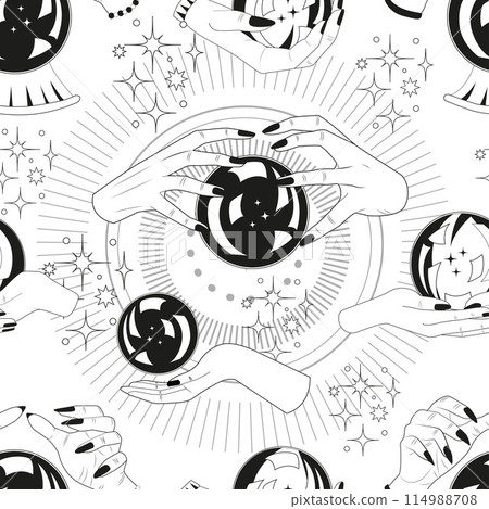 Seamless pattern with hands of fortune teller, magic crystal ball and mystical symbols. Tattoo, poster or altar print design concept; esoteric, wicca and gothic background Seamless pattern with hands of fortune teller, magic crystal ball and mystical symbols. Tattoo, poster or altar print design concept; esoteric, wicca and gothic background 114988708